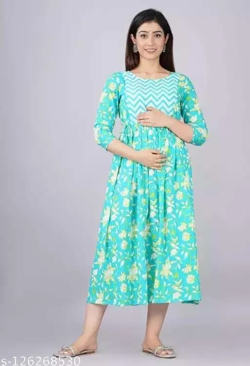 MAGHMA Maternity Nursing Dress Anarkali Gown Style Western Dress with Floral Print, 3/4 Sleeve, Sky Blue - Large | Breathable Cotton for Indian Climate - view 3