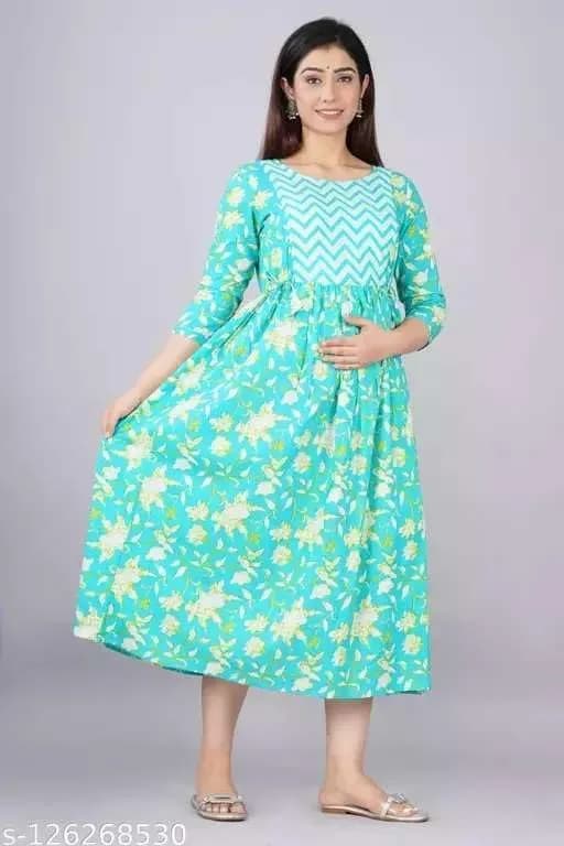 MAGHMA Maternity Nursing Dress Anarkali Gown Style Western Dress with Floral Print, 3/4 Sleeve, Sky Blue - Large | Breathable Cotton for Indian Climate - view 4