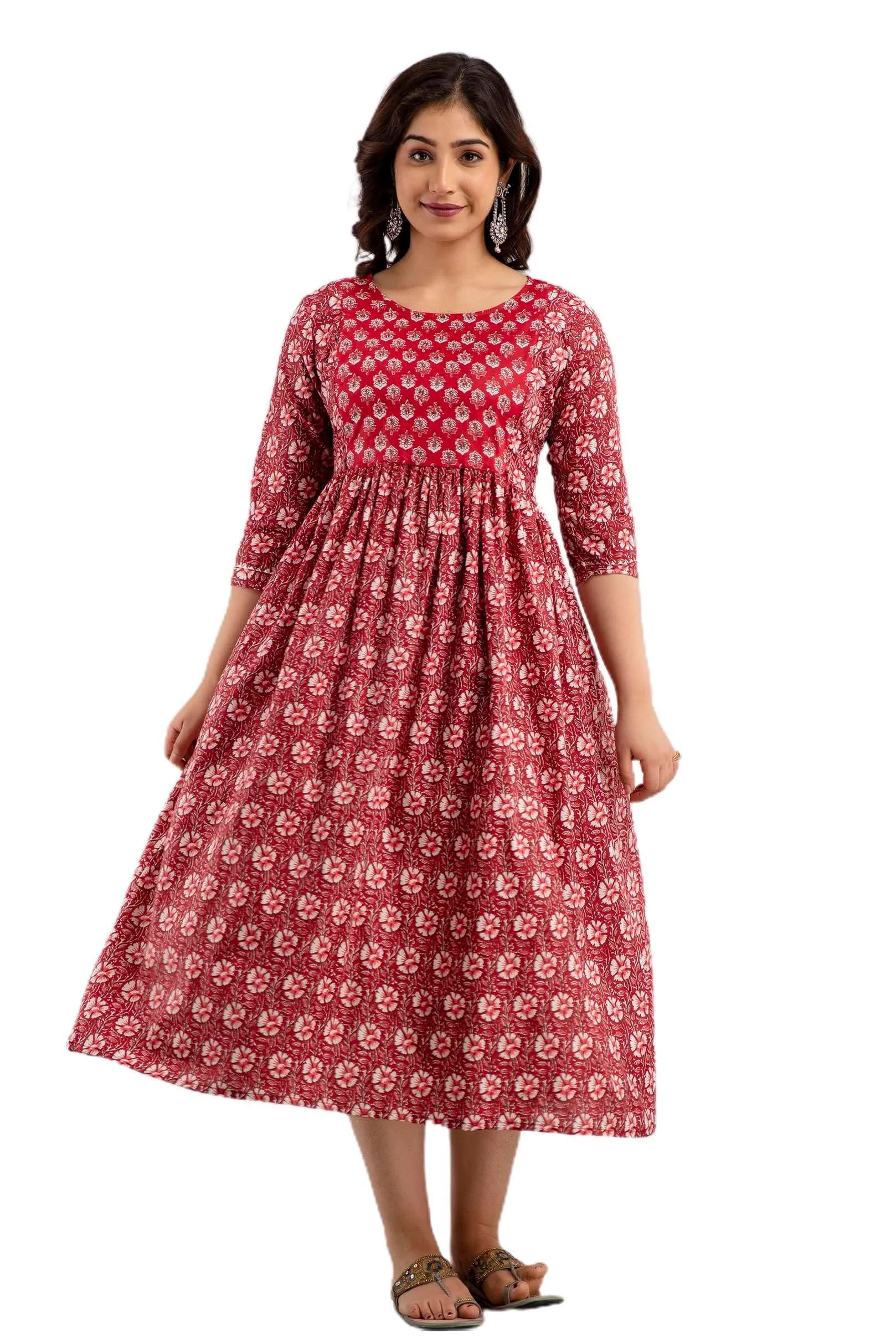 MAGHMA Maternity Nursing Dress with Floral Print & Vertical Zippers - Maroon, 100% Cotton, XL (Chest 42") | Breathable & Soft for Pregnancy & Postpartum
