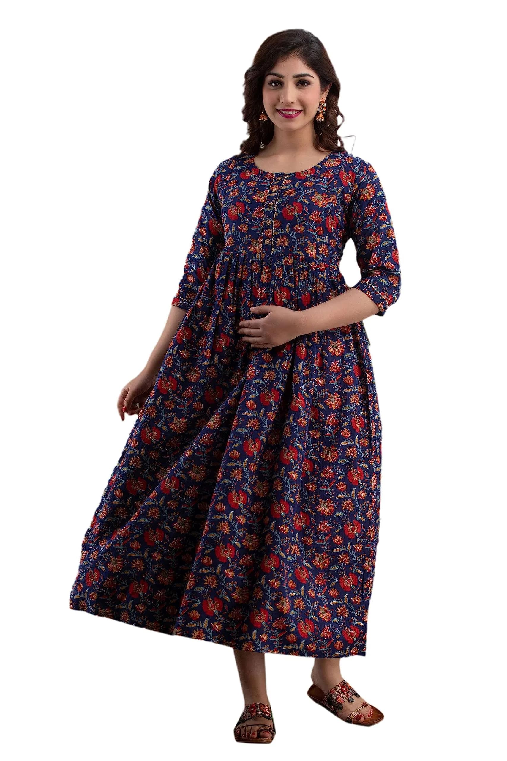 MAGHMA Maternity Nursing Dress Royal Blue 3XL | Floral Maxi Dress for Pregnancy & Breastfeeding - main product image