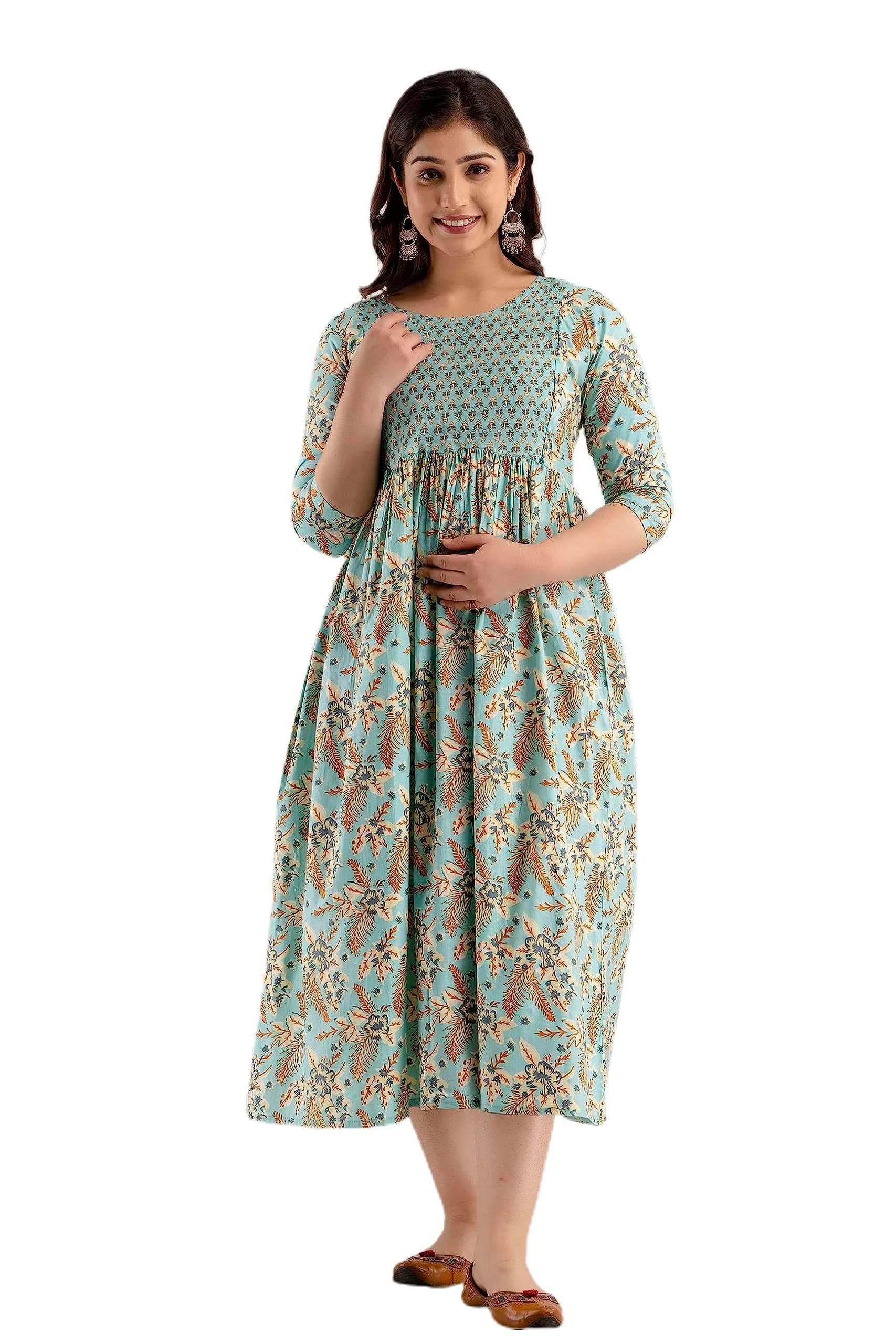 MAGHMA Women's Maternity Kurti Dress with Floral Maxi Design & Concealed Zippers for Breastfeeding (Maroon, 3XL) | Breathable Cotton for Indian Climate — Baby Blue / X-Large