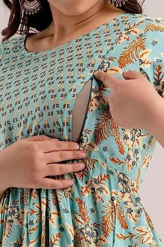 MAGHMA Maternity Nursing Dress Kurti for Pregnancy Women with Floral Maxi Style, Baby Blue XL | Breathable Cotton for Indian Climate thumbnail 5