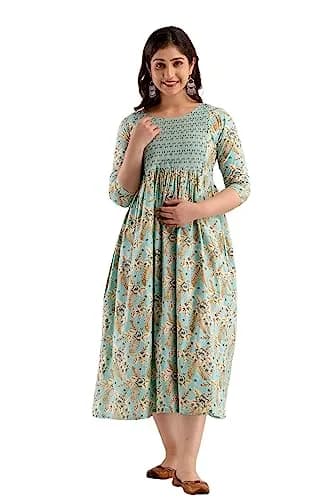 MAGHMA Maternity Nursing Dress Kurti for Pregnancy Women with Floral Maxi Style, Baby Blue XL | Breathable Cotton for Indian Climate thumbnail 1