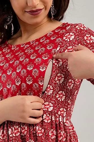 MAGHMA Women's Maternity Kurti Dress with Floral Maxi Design & Concealed Zippers for Breastfeeding (Maroon, 3XL) | Breathable Cotton for Indian Climate thumbnail 5