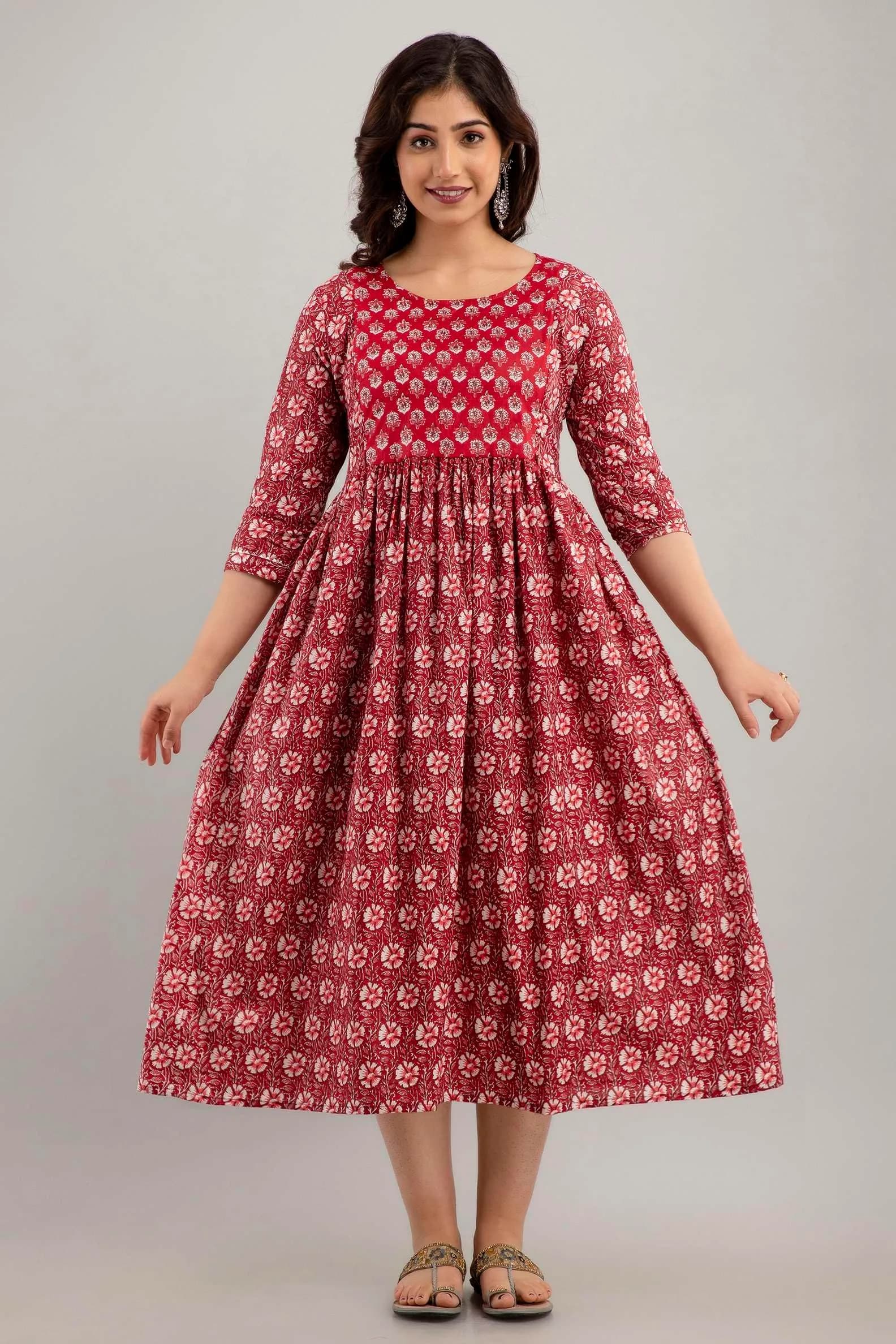 MAGHMA Women's Maternity Kurti Dress with Floral Maxi Design & Concealed Zippers for Breastfeeding (Maroon, 3XL) | Breathable Cotton for Indian Climate - view 6