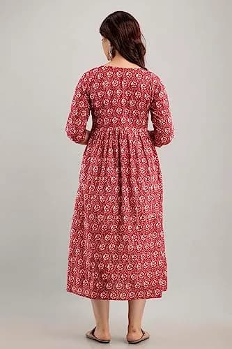 MAGHMA Women's Maternity Kurti Dress with Floral Maxi Design & Concealed Zippers for Breastfeeding (Maroon, 3XL) | Breathable Cotton for Indian Climate thumbnail 2