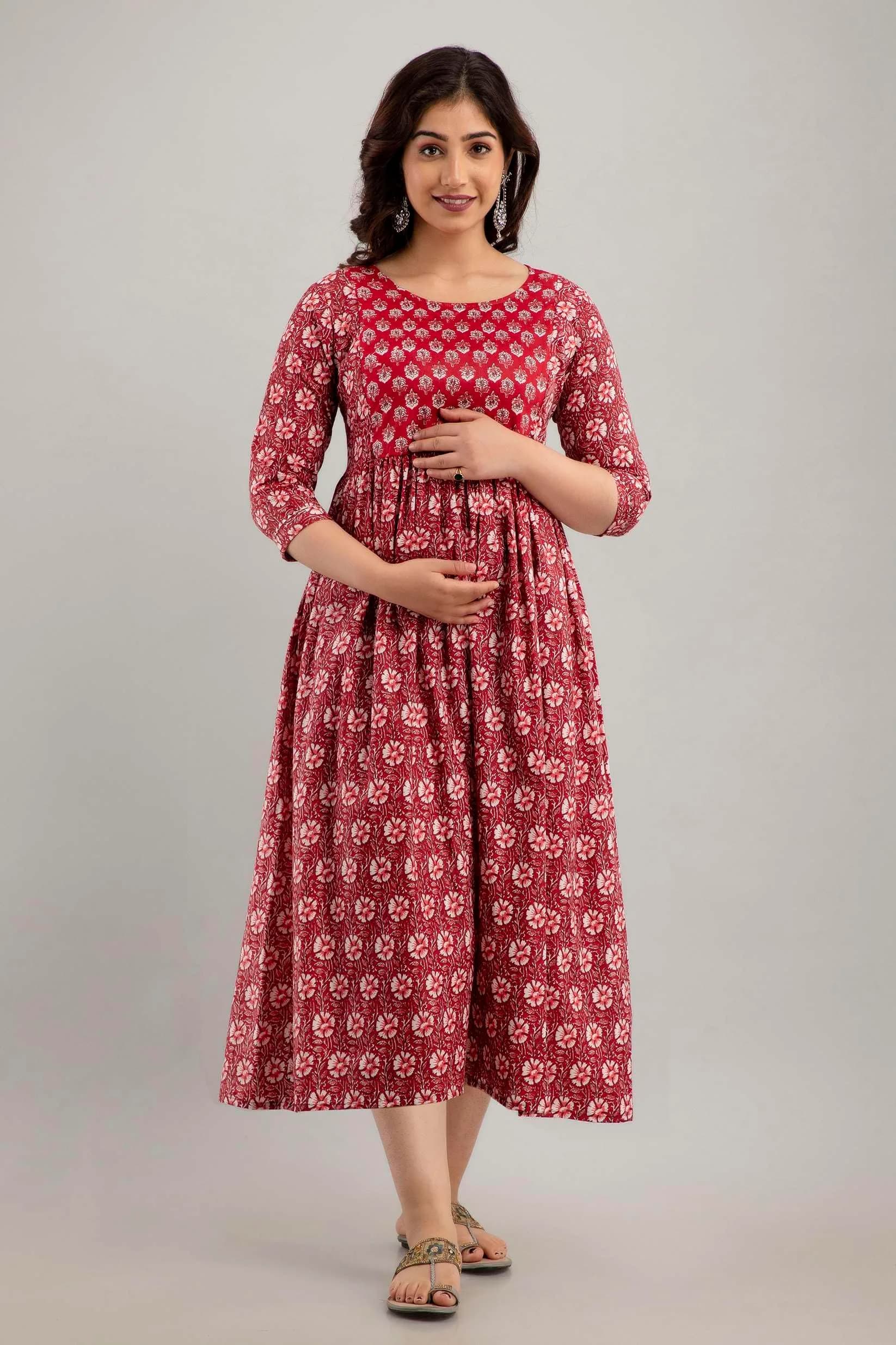MAGHMA Women's Maternity Kurti Dress with Floral Maxi Design & Concealed Zippers for Breastfeeding (Maroon, 3XL) | Breathable Cotton for Indian Climate - view 3