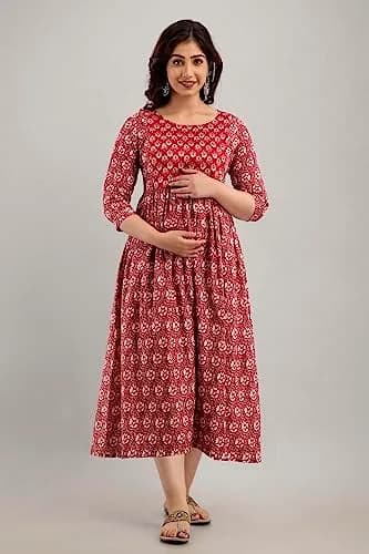 MAGHMA Women's Maternity Kurti Dress with Floral Maxi Design & Concealed Zippers for Breastfeeding (Maroon, 3XL) | Breathable Cotton for Indian Climate thumbnail 3