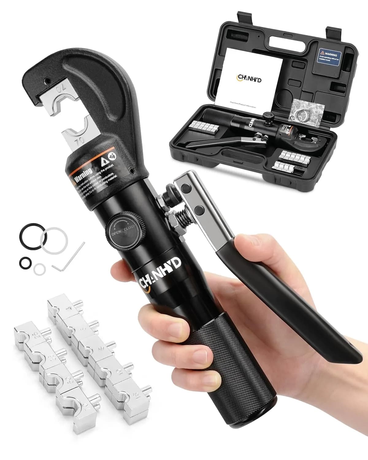 CHANHYD Hydraulic Wire Battery Cable Lug Terminal Crimper with 9 Dies | 12 AWG-2/0 AWG Electrical Cable Crimping Tool Kit — 12awg~00awg Crimping Tool