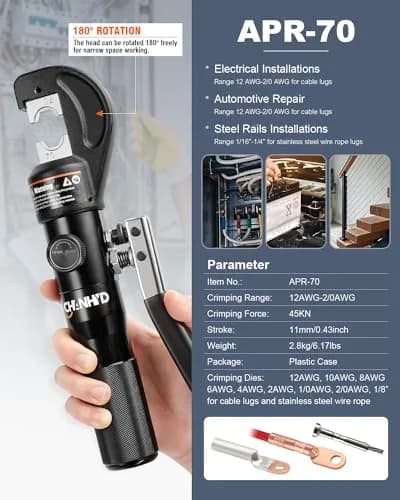CHANHYD Hydraulic Wire Battery Cable Lug Terminal Crimper with 9 Dies | 12 AWG-2/0 AWG Electrical Cable Crimping Tool Kit thumbnail 4