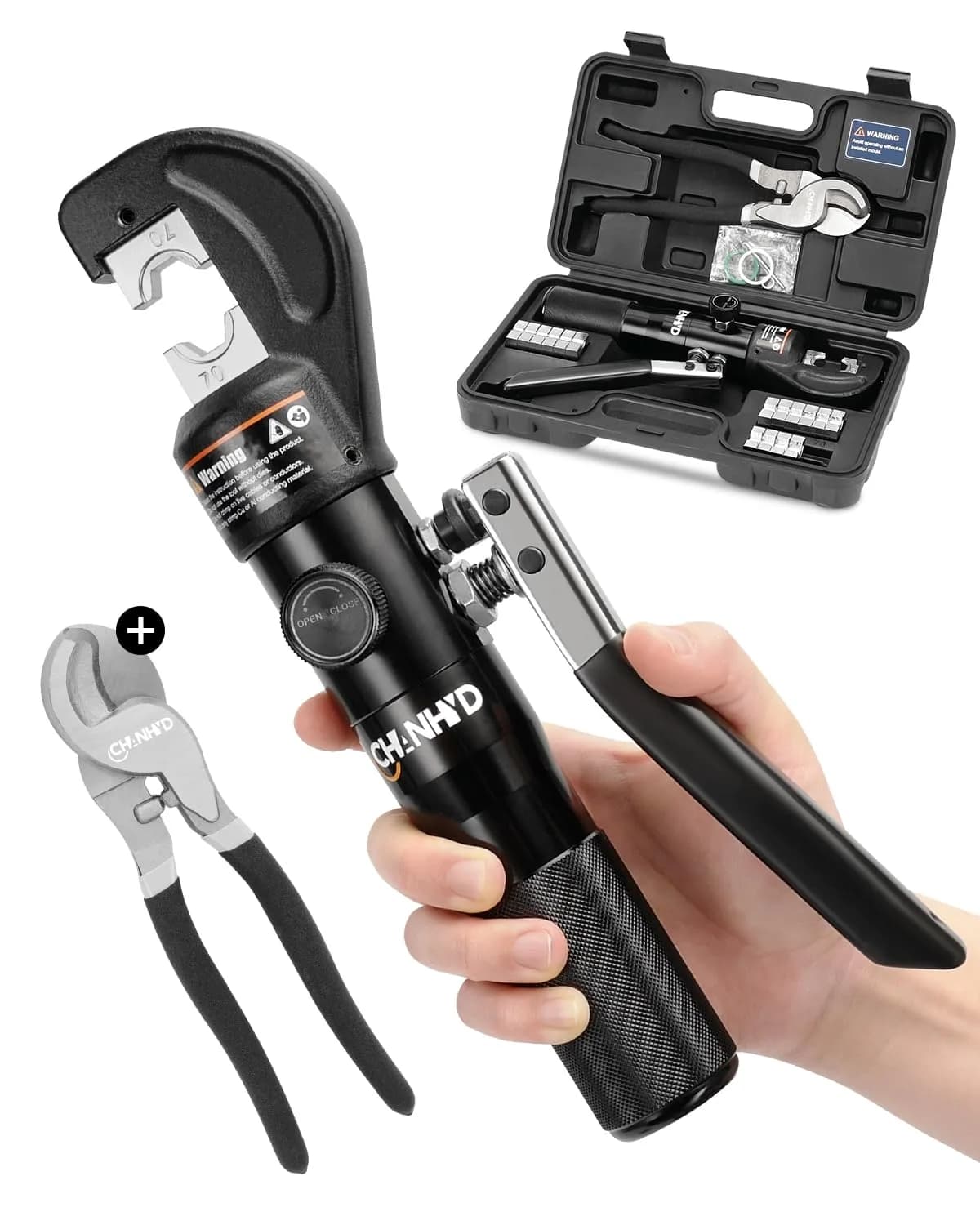 CHANHYD Hydraulic Wire Battery Cable Lug Terminal Crimper with 9 Dies | 12 AWG-2/0 AWG Electrical Cable Crimping Tool Kit — Crimping tool with cutter