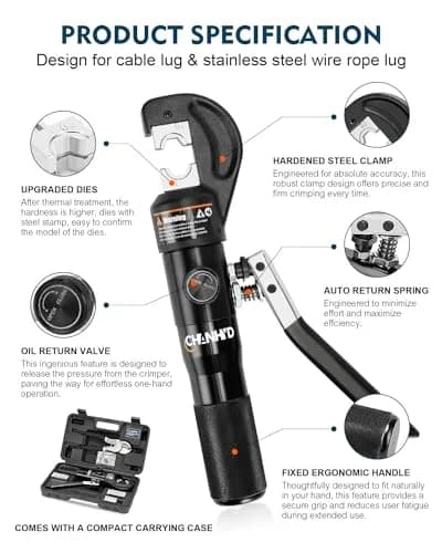 CHANHYD Hydraulic Crimping Tool and Cable Cutter, 10 Tons, 12 AWG to 00 (2/0) | 9 Dies Included thumbnail 6