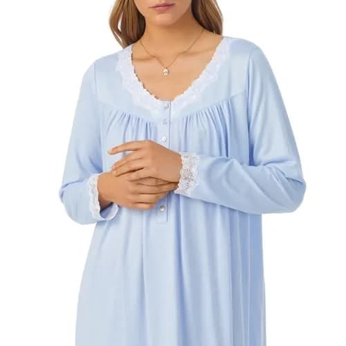 Eileen West Dream Sweater Knit Nightgown - Long Sleeve Blue | Breathable, Soft, Cozy, 36" thumbnail 2