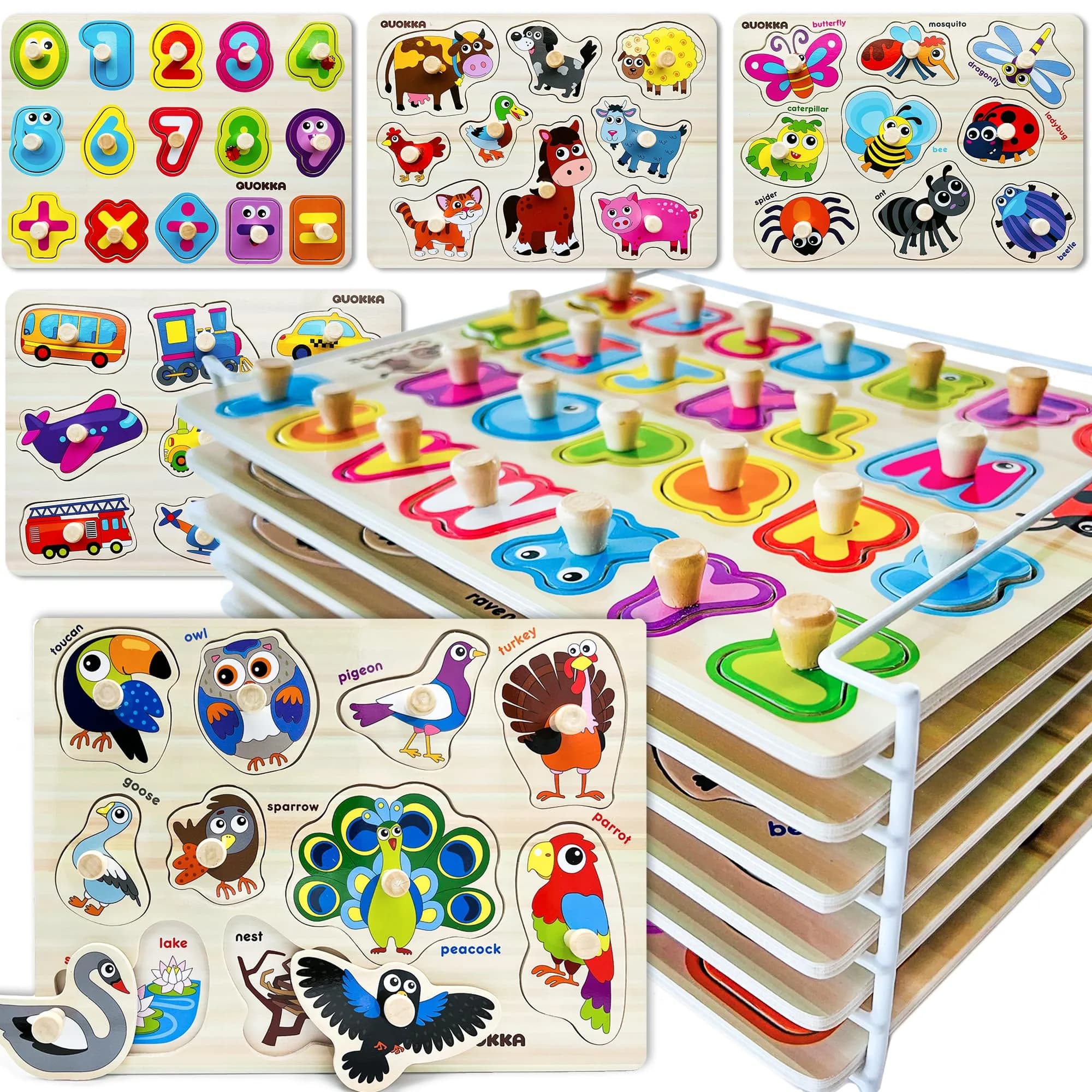 Quokka Wooden Puzzles for Toddlers 1-3 | Bright, Durable & Educational (6 Pack, Ages 2-4) — 6 Pegged in a Rack