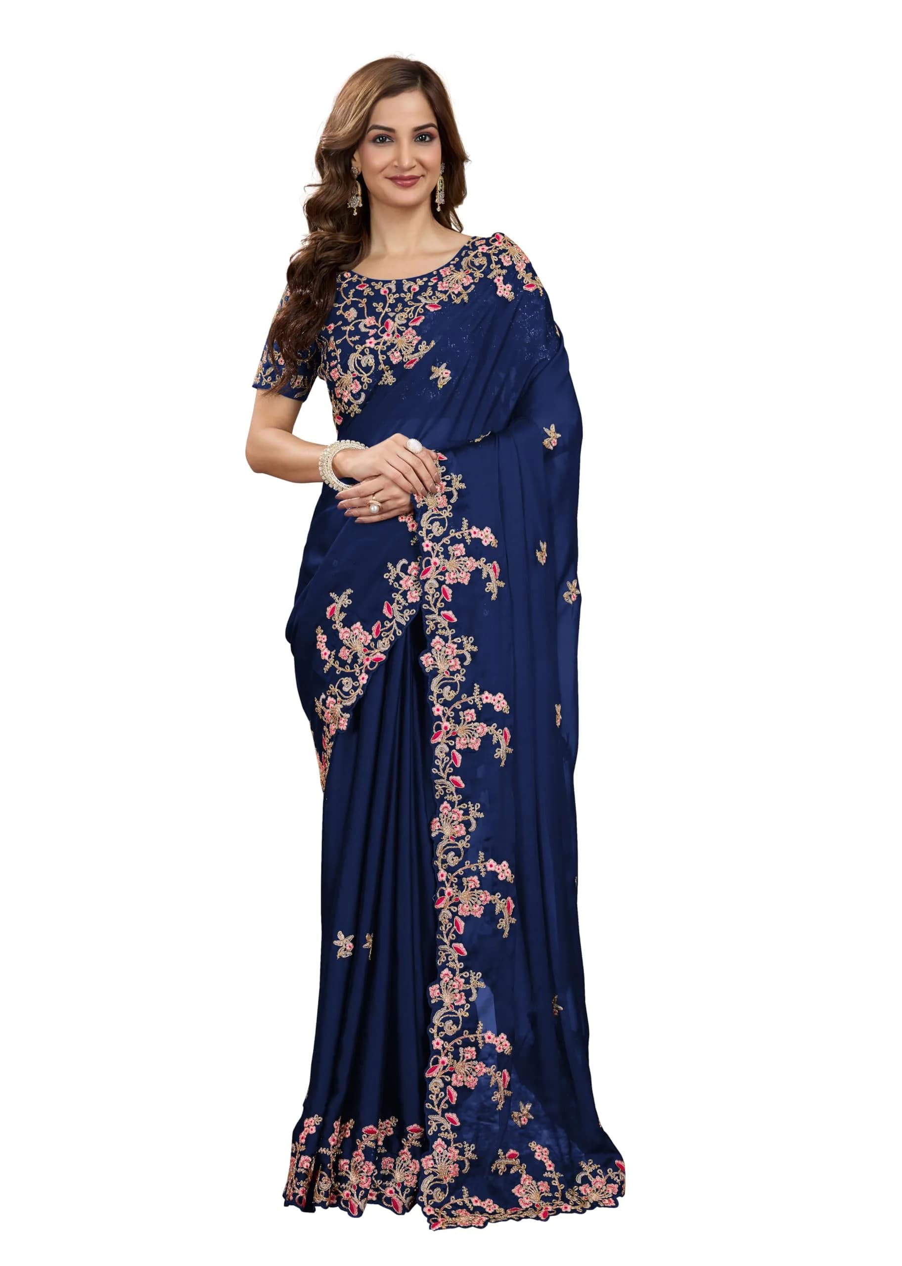 TRENDMALLS Women's Rangoli Silk Heavy Embroidered Saree-K954-Morpeach | Ethnic Wedding & Party Wear — Blue