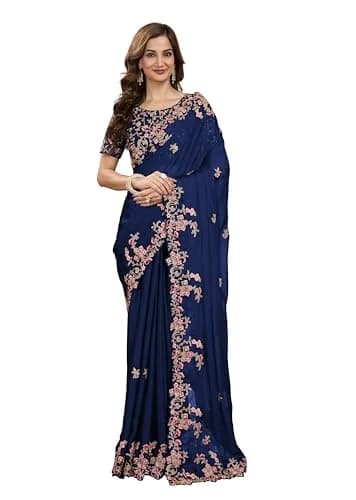 TRENDMALLS Rangoli Silk Saree with Dupion Silk Blouse Piece Blue 5.50 Meter (18.04 Ft) | Heavy Embroidery Cut Work thumbnail 1