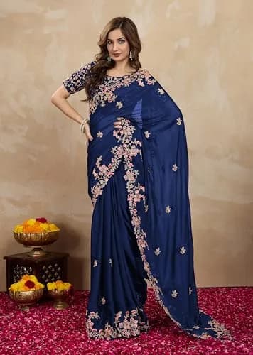 TRENDMALLS Rangoli Silk Saree with Dupion Silk Blouse Piece Blue 5.50 Meter (18.04 Ft) | Heavy Embroidery Cut Work thumbnail 4