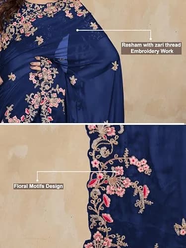 TRENDMALLS Rangoli Silk Saree with Dupion Silk Blouse Piece Blue 5.50 Meter (18.04 Ft) | Heavy Embroidery Cut Work thumbnail 5