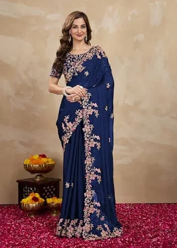 TRENDMALLS Rangoli Silk Saree with Dupion Silk Blouse Piece Blue 5.50 Meter (18.04 Ft) | Heavy Embroidery Cut Work thumbnail 8