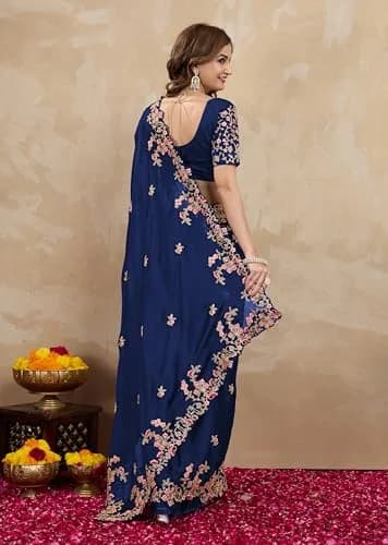 TRENDMALLS Rangoli Silk Saree with Dupion Silk Blouse Piece Blue 5.50 Meter (18.04 Ft) | Heavy Embroidery Cut Work thumbnail 3