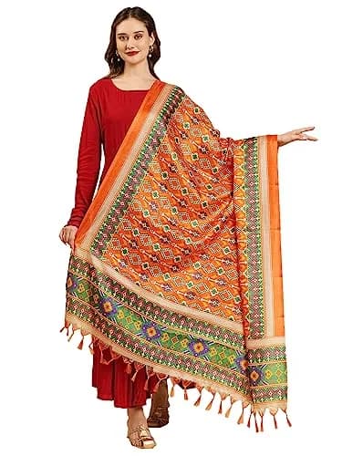 DUPATTA BAZAAR Women's Patola Printed Art Silk Dupatta 225 cm (7.38 ft) | Elegant Orange & Multi thumbnail 1