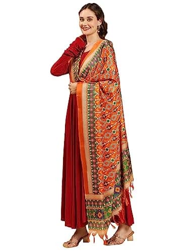 DUPATTA BAZAAR Women's Patola Printed Art Silk Dupatta 225 cm (7.38 ft) | Elegant Orange & Multi thumbnail 2