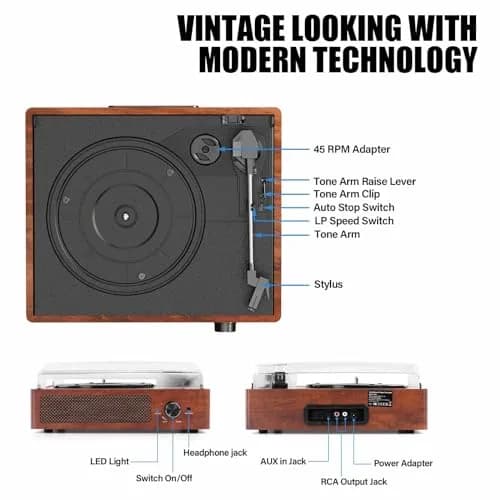 cotsoco Vinyl Record Player Turntable with Bluetooth & 2 Speakers | 3 Speed Portable Retro thumbnail 2