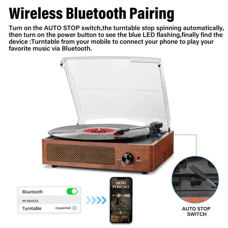 cotsoco Vinyl Record Player Turntable with Bluetooth & 2 Speakers | 3 Speed Portable Retro thumbnail 4