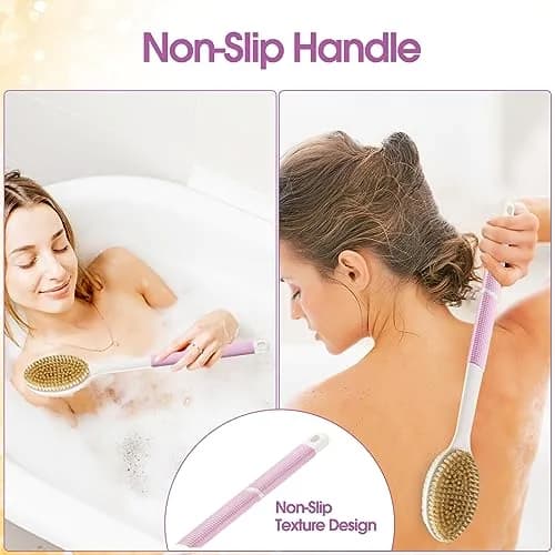Backski Pink Body Scrubber Long Handle with Stiff & Soft Bristles | 43.5 cm (17.12 Inch) thumbnail 2