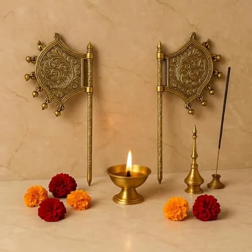 Garden Of Arts Brass Handheld Temple Fan Set of 2 | 21 cm (8 Inch) Traditional Pooja Fan with Ghungroo Bells thumbnail 5