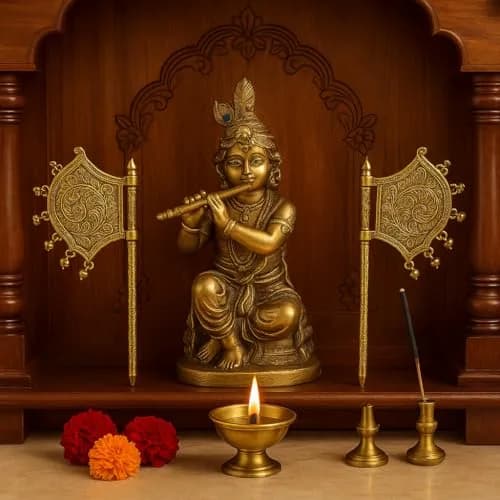 Garden Of Arts Brass Handheld Temple Fan Set of 2 | 21 cm (8 Inch) Traditional Pooja Fan with Ghungroo Bells thumbnail 2