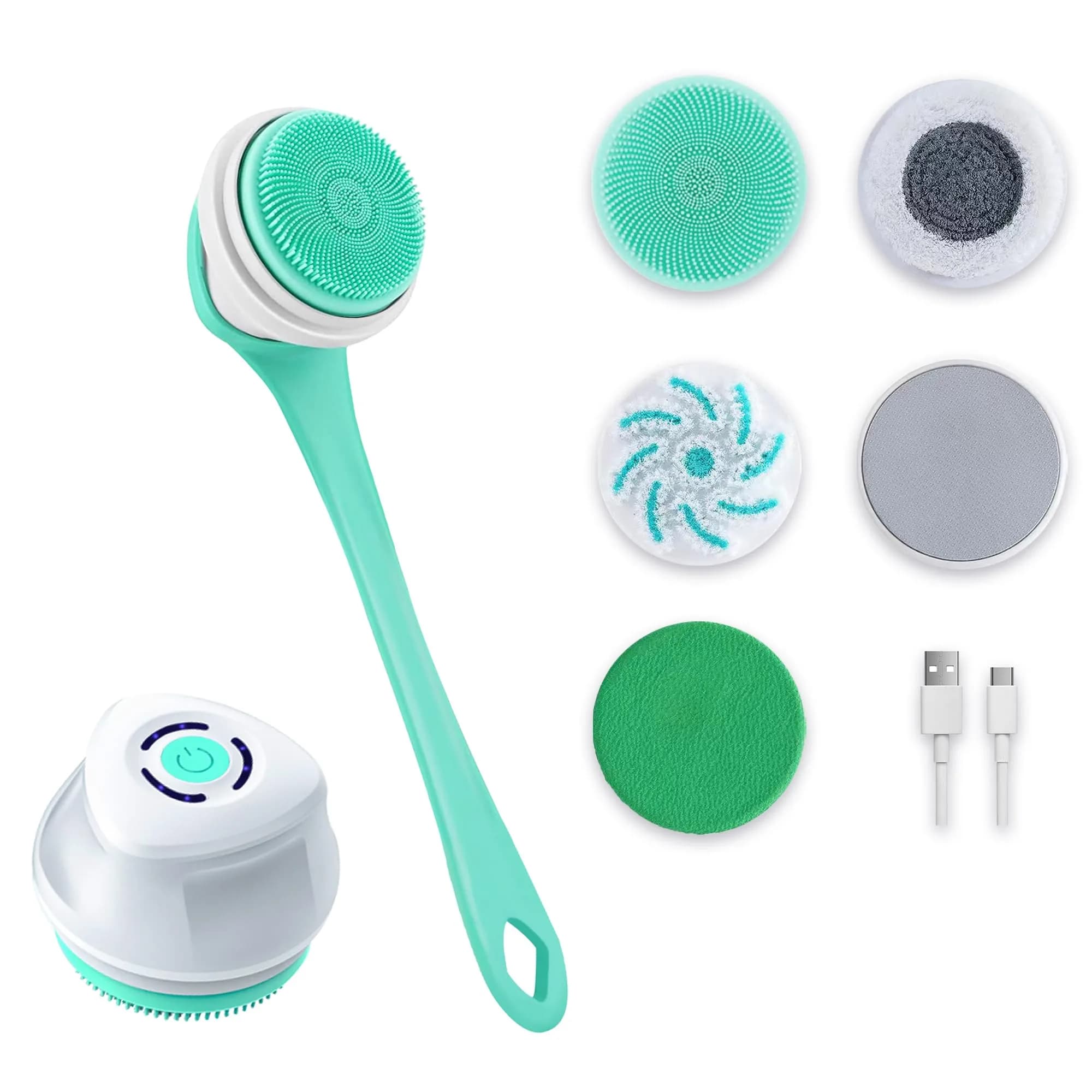 Loodic Electric Back Scrubber with 5 Brush Heads, Rechargeable Long Handle (Green) | 41cm (15.75 Inch) - main product image