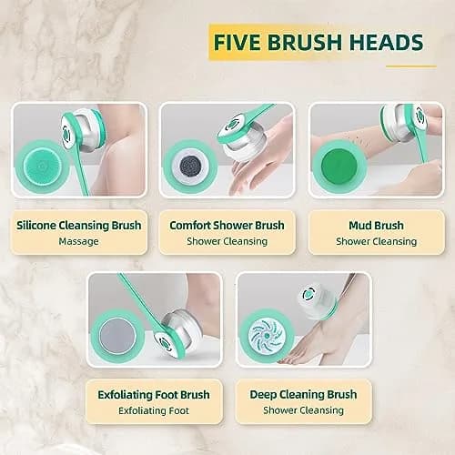 Loodic Electric Back Scrubber with 5 Brush Heads, Rechargeable Long Handle (Green) | 41cm (15.75 Inch) thumbnail 6