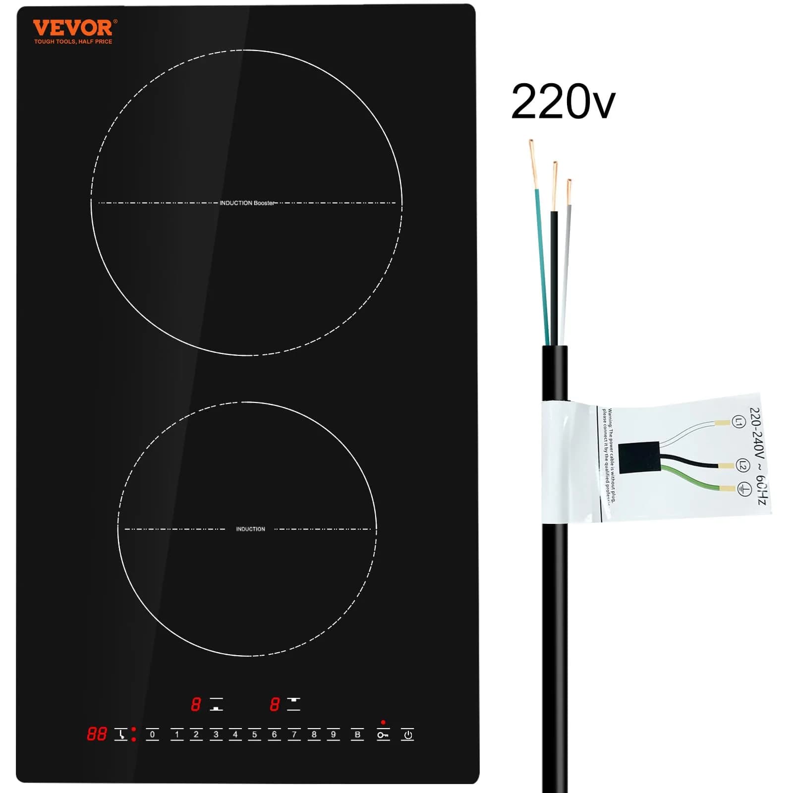 VEVOR 2-Burner Induction Cooktop 3000W 12'' Built-in 220V | Touch Control with 9 Heating Levels & Timer — 12in 2 Burners/220V
