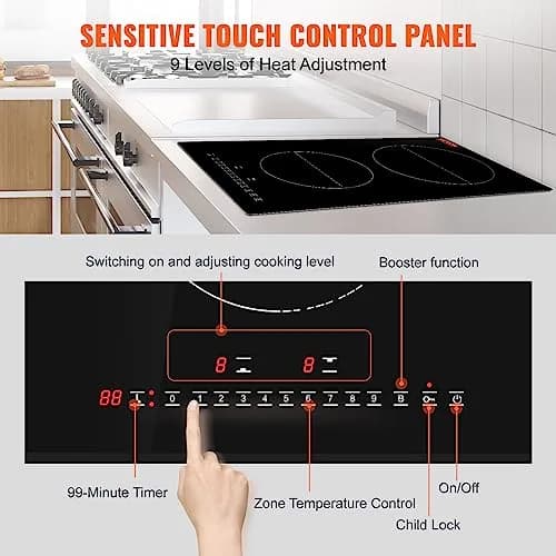 VEVOR 2-Burner Induction Cooktop 3000W 12'' Built-in 220V | Touch Control with 9 Heating Levels & Timer thumbnail 4
