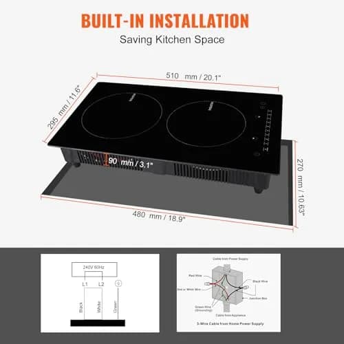 VEVOR 2-Burner Induction Cooktop 3000W 12'' Built-in 220V | Touch Control with 9 Heating Levels & Timer thumbnail 6