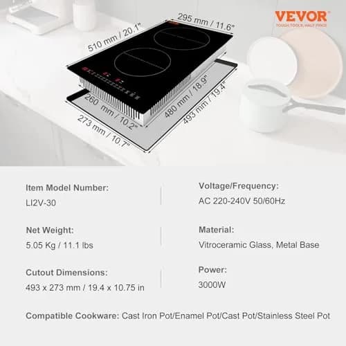 VEVOR 2-Burner Induction Cooktop 3000W 12'' Built-in 220V | Touch Control with 9 Heating Levels & Timer thumbnail 7