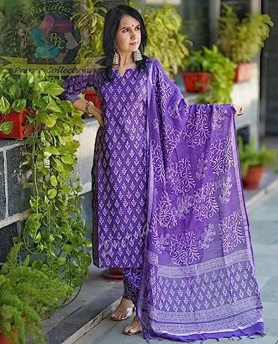 Meera Fab Women's Cotton Printed Straight Kurta With Palazzo & Dupatta Set Purple Large thumbnail 2