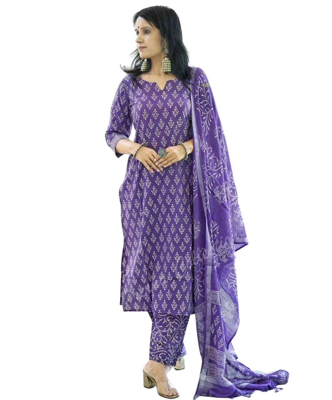 Meera Fab Women's Cotton Printed Straight Kurta With Palazzo & Dupatta Set Medium Purple | 3-Piece Ethnic Wear — Medium