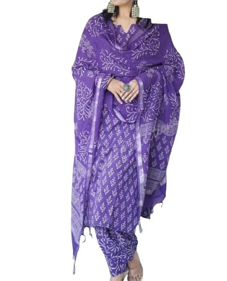 Meera Fab Women's Cotton Printed Straight Kurta With Palazzo & Dupatta Set Medium Purple | 3-Piece Ethnic Wear thumbnail 8