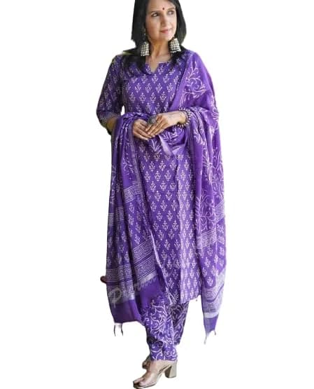 Meera Fab Women's Cotton Printed Straight Kurta With Palazzo & Dupatta Set Medium Purple | 3-Piece Ethnic Wear thumbnail 9