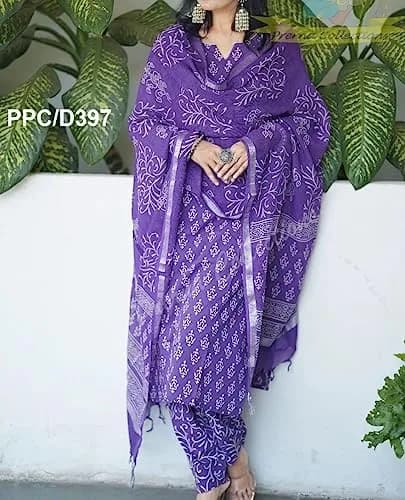 Meera Fab Women's Cotton Printed Straight Kurta With Palazzo & Dupatta Set Medium Purple | 3-Piece Ethnic Wear thumbnail 11