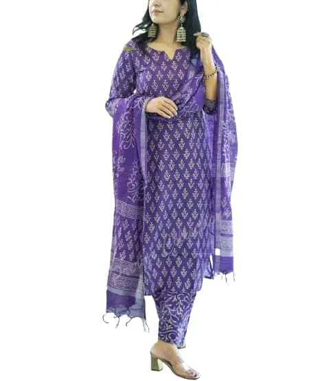 Meera Fab Women's Cotton Printed Straight Kurta With Palazzo & Dupatta Set Medium Purple | 3-Piece Ethnic Wear thumbnail 4