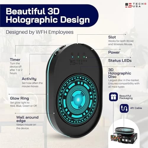 TECH8 USA Undetectable Mouse Mover Jiggler with Ambient Glow Ring and 3D Hologram Alien Disc, Plug & Play, No Software Required thumbnail 6