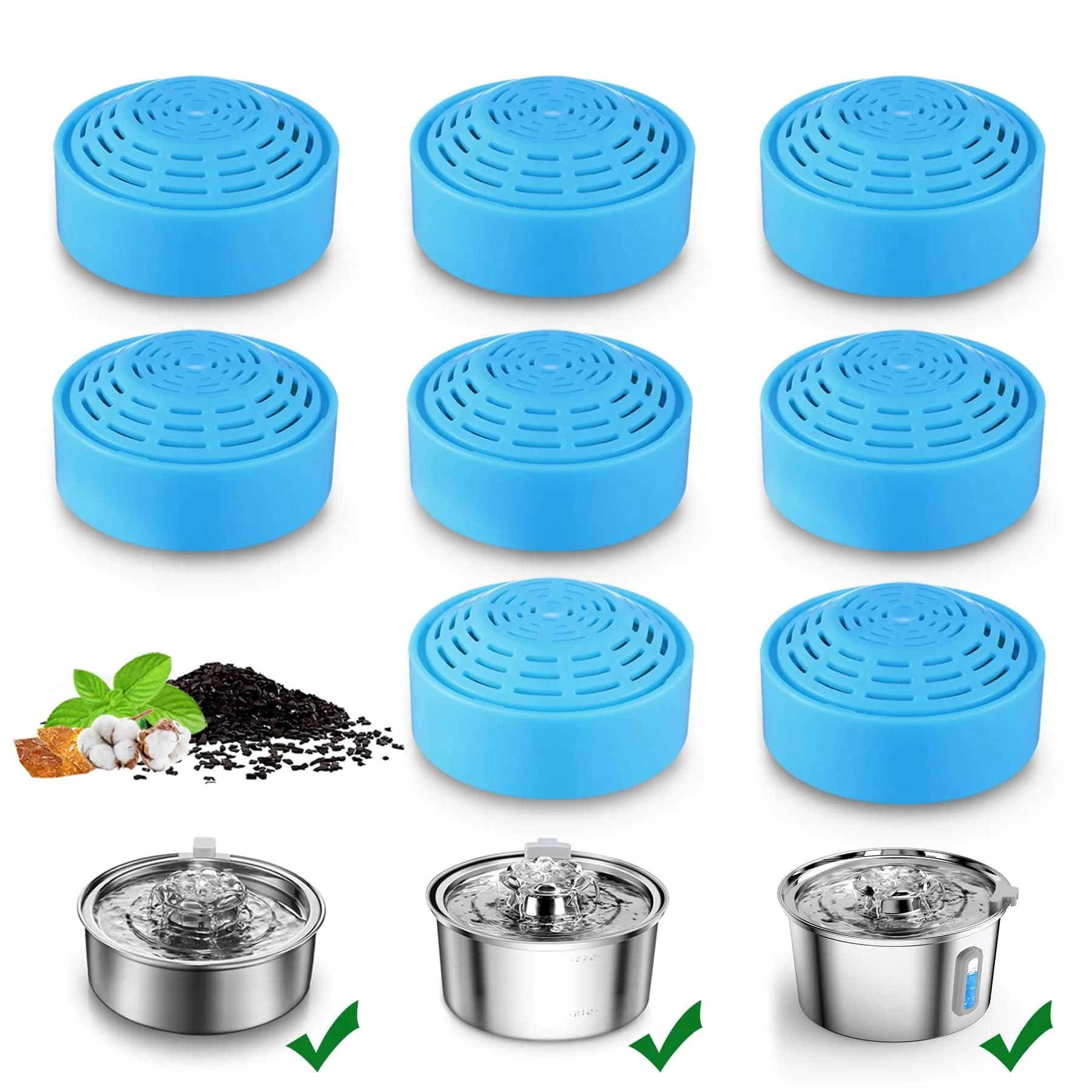 OYES Cat Water Fountain Replacement Filters (8 Pack) | Activated Carbon Ion-Exchange Resin, Compatible with 2.0L/67oz Round Stainless Steel Pet Fountain — Blue Filter