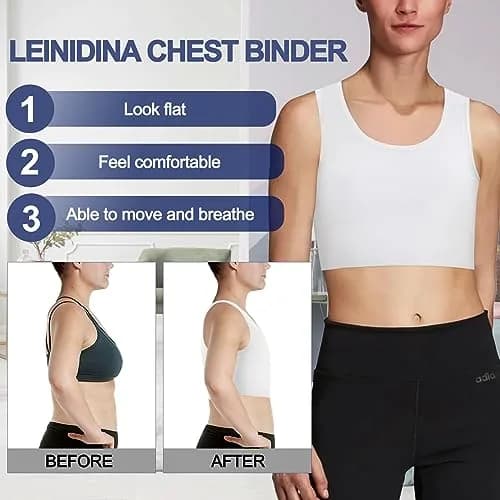 LEINIDINA Chest Binder Bra Transgender FTM LGBT Compression Tank Top, White | Flat Chest, Comfortable Fit thumbnail 3