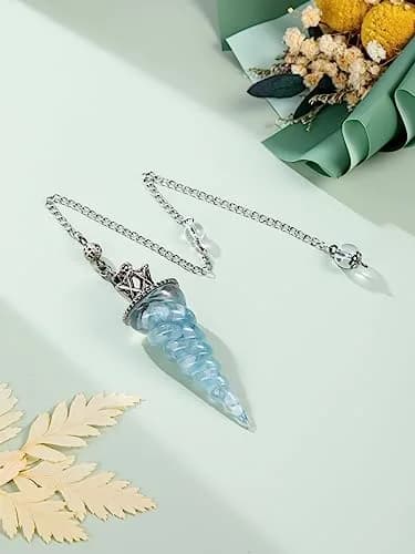 Jovivi Natural Aquamarine Crystal Pendulum for Divination Dowsing, 52mm (2.05") Cone Pointed Pendant with 9" Chain, Resin Chip Stones Healing Reiki Chakra Gemstone thumbnail 2