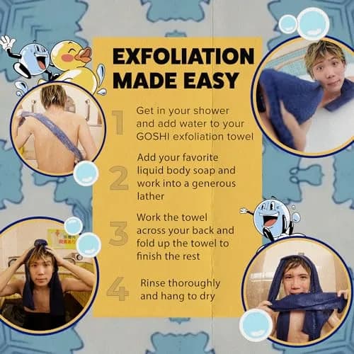 GOSHI Exfoliating Shower Towel - Long Body Scrubber, Blue | Rip-Resistant, Gentle & Effective thumbnail 7