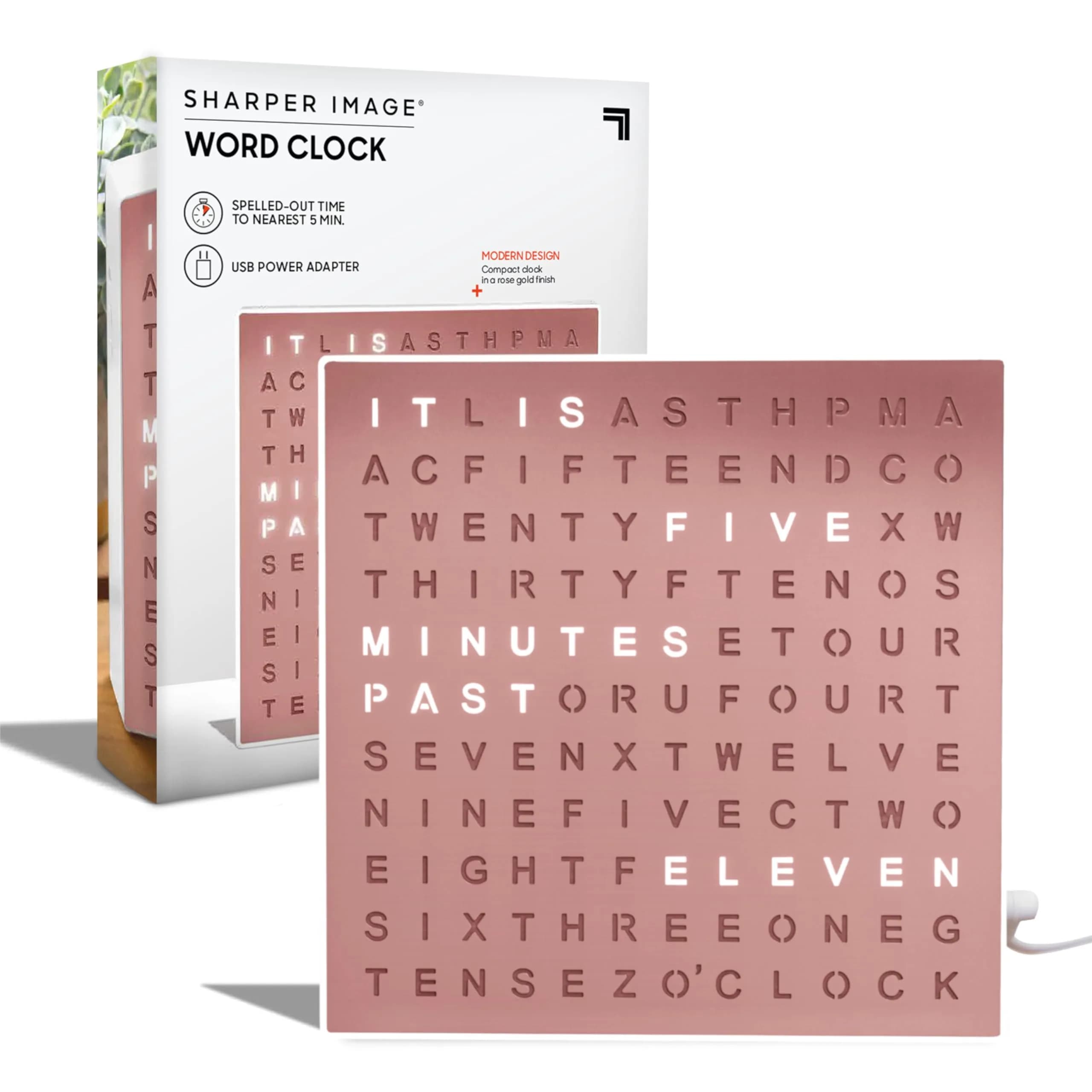Sharper Image LED Word Clock 7.75" Rose Gold Finish | Modern Time Display with 5-Minute Alerts — Rose Gold