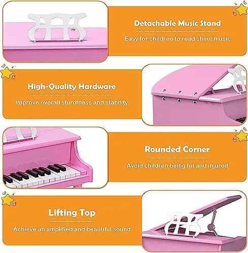 HONEY JOY Classical Kids Piano 30-Key Mini Grand Pink | Wooden Musical Toy for 3+ thumbnail 5